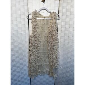 Ryu Anthropologie Boho Fringe Vest Cream Open Knit Lace Trim One‎ Size